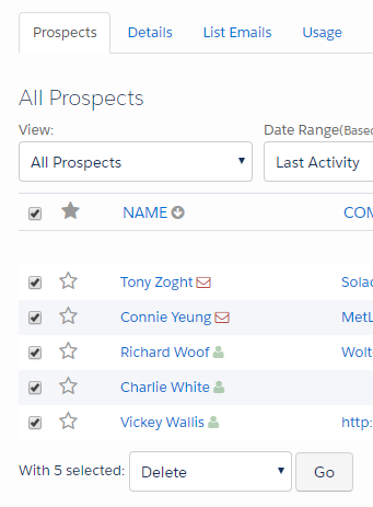 Managing Pardot database limit tip - Screenshot example prospect list in Pardot